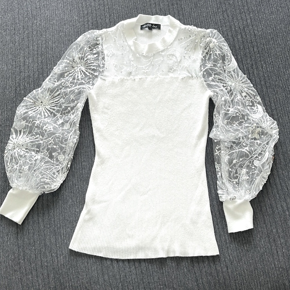 Moon and Stars Silver Sequin sheer long sleeve sweater sz S